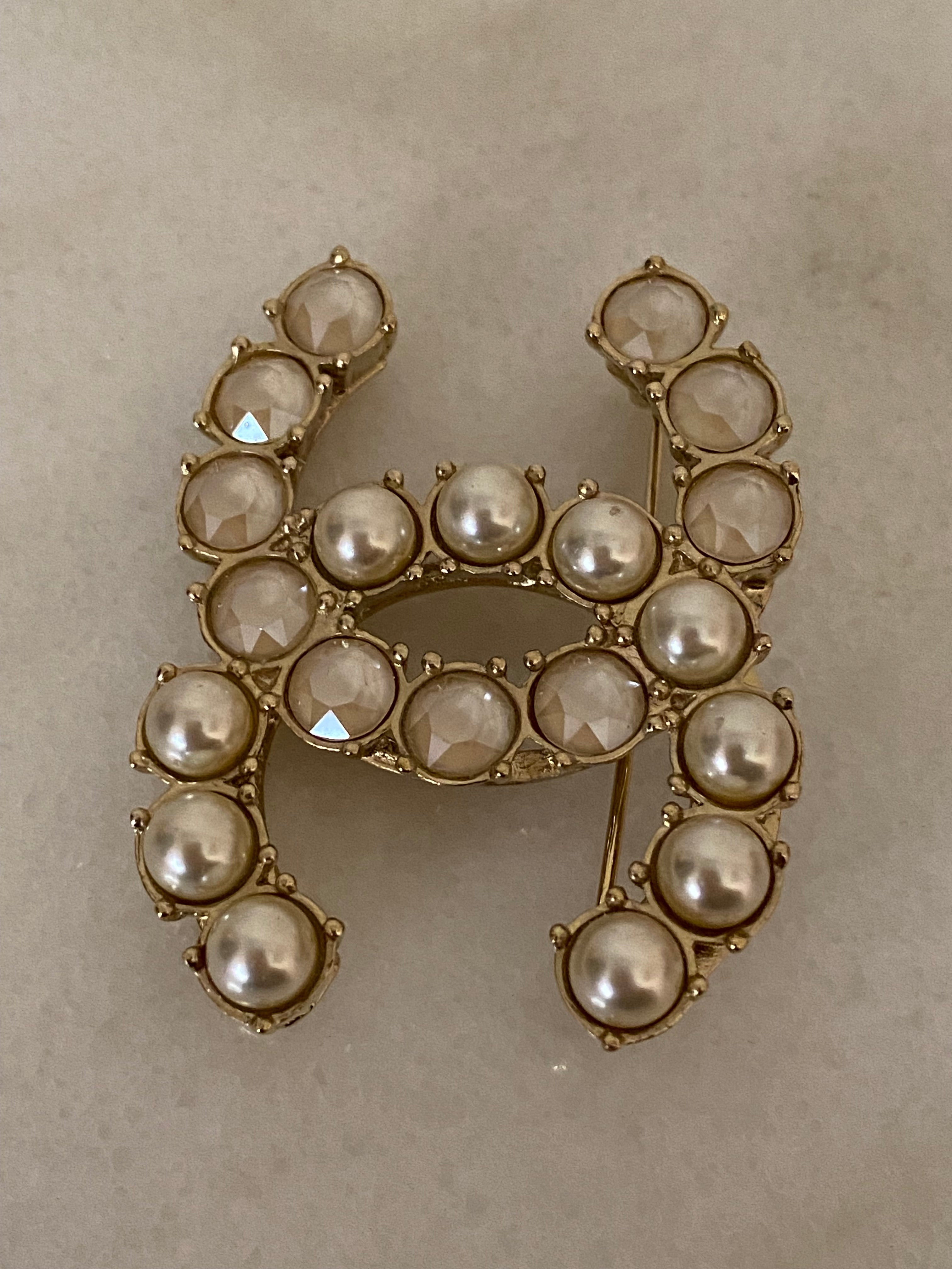 Chanel Gold CC Crystal Pearl Brooch