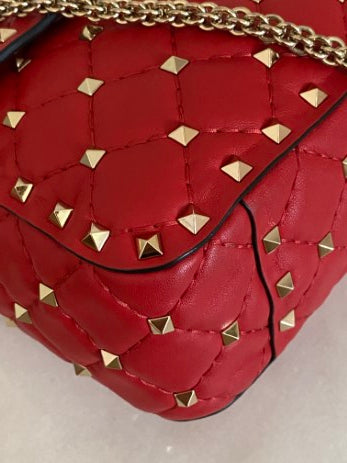 Valentino Red Spike Medium Studded Top Handle Bag W/ Silver Chain