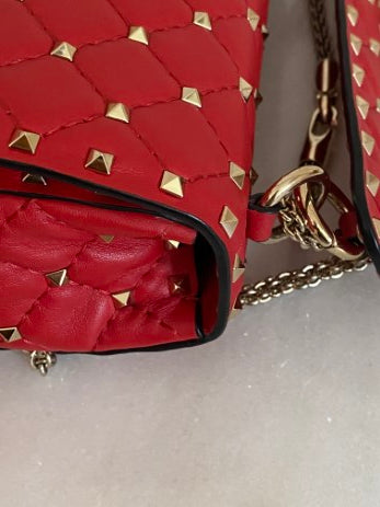 Valentino Red Spike Medium Studded Top Handle Bag W/ Silver Chain