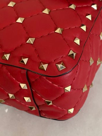 Valentino Red Spike Medium Studded Top Handle Bag W/ Silver Chain