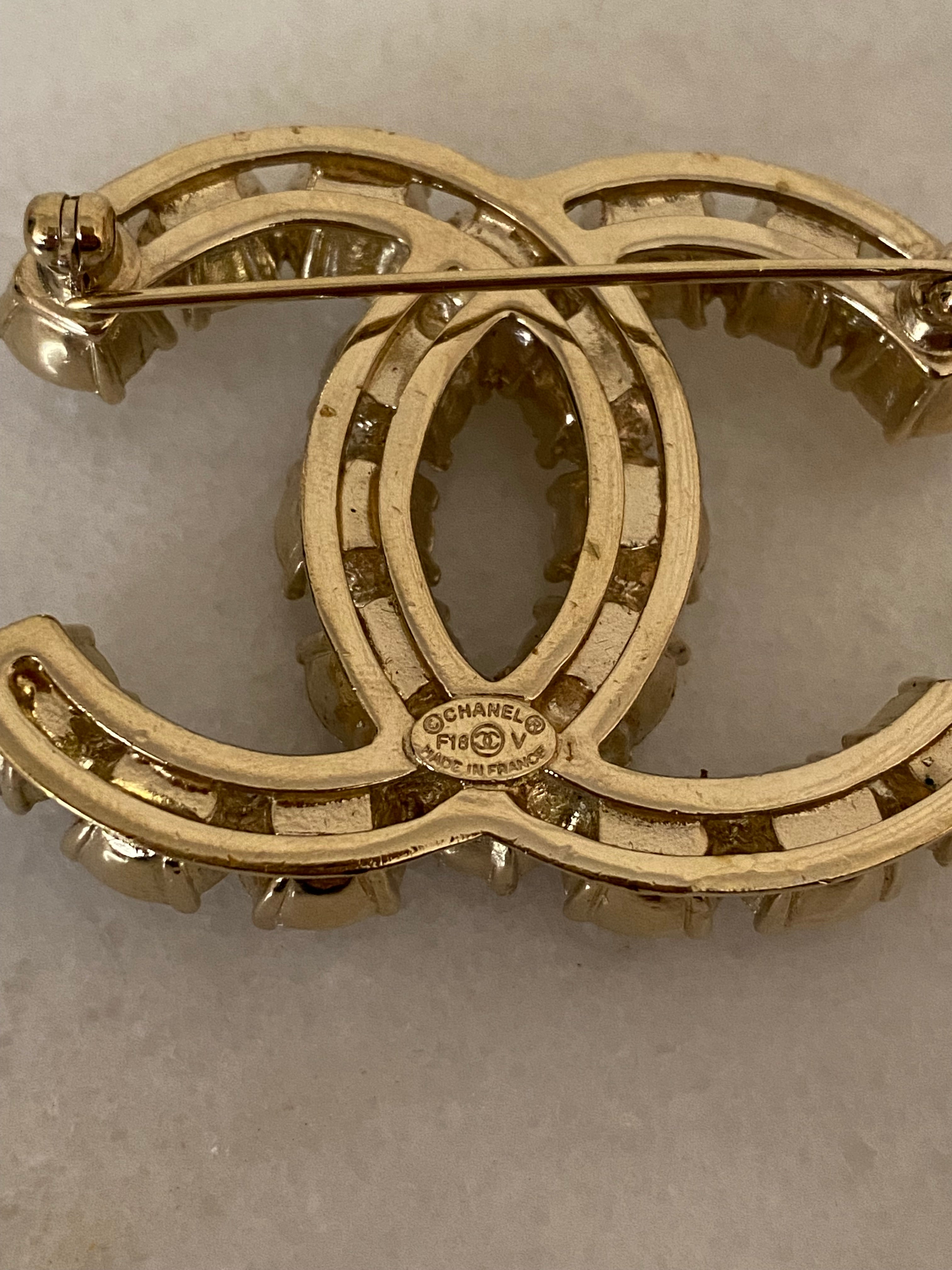 Chanel Gold CC Crystal Pearl Brooch