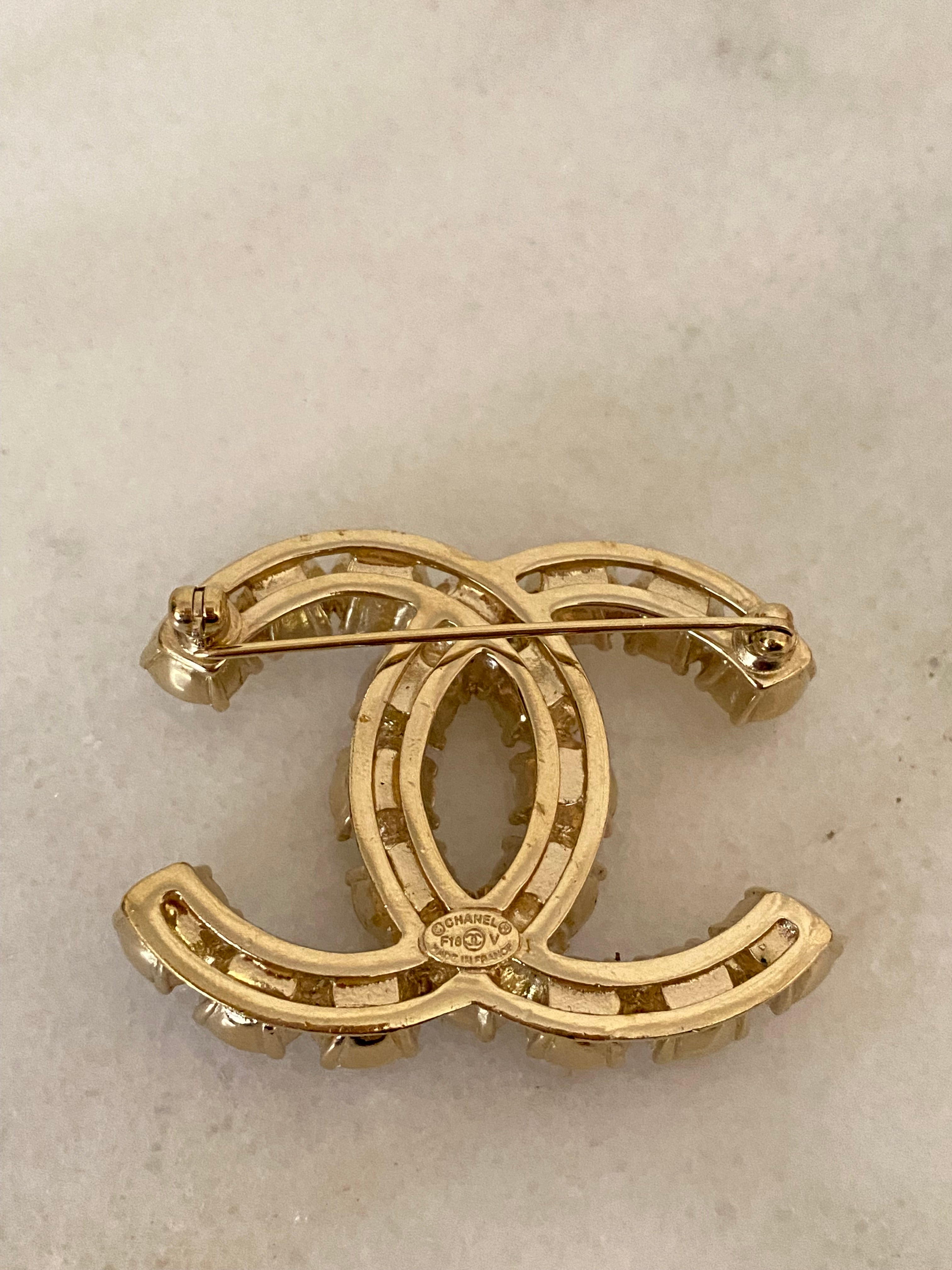 Chanel Gold CC Crystal Pearl Brooch