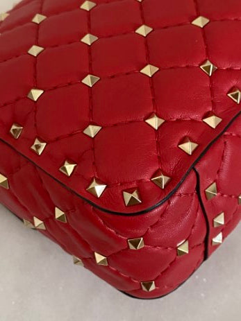 Valentino Red Spike Medium Studded Top Handle Bag W/ Silver Chain