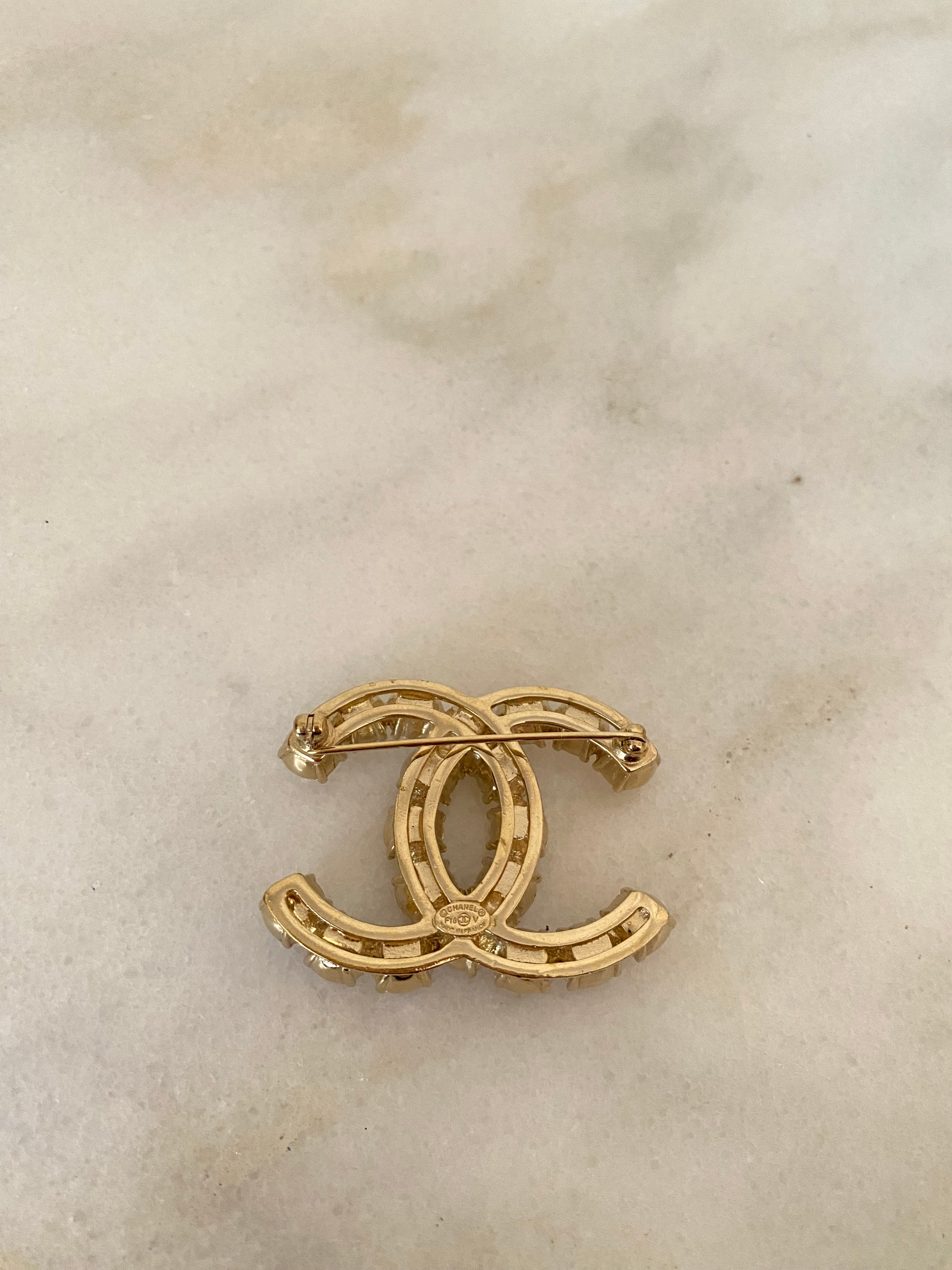 Chanel Gold CC Crystal Pearl Brooch