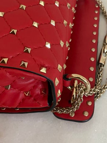 Valentino Red Spike Medium Studded Top Handle Bag W/ Silver Chain