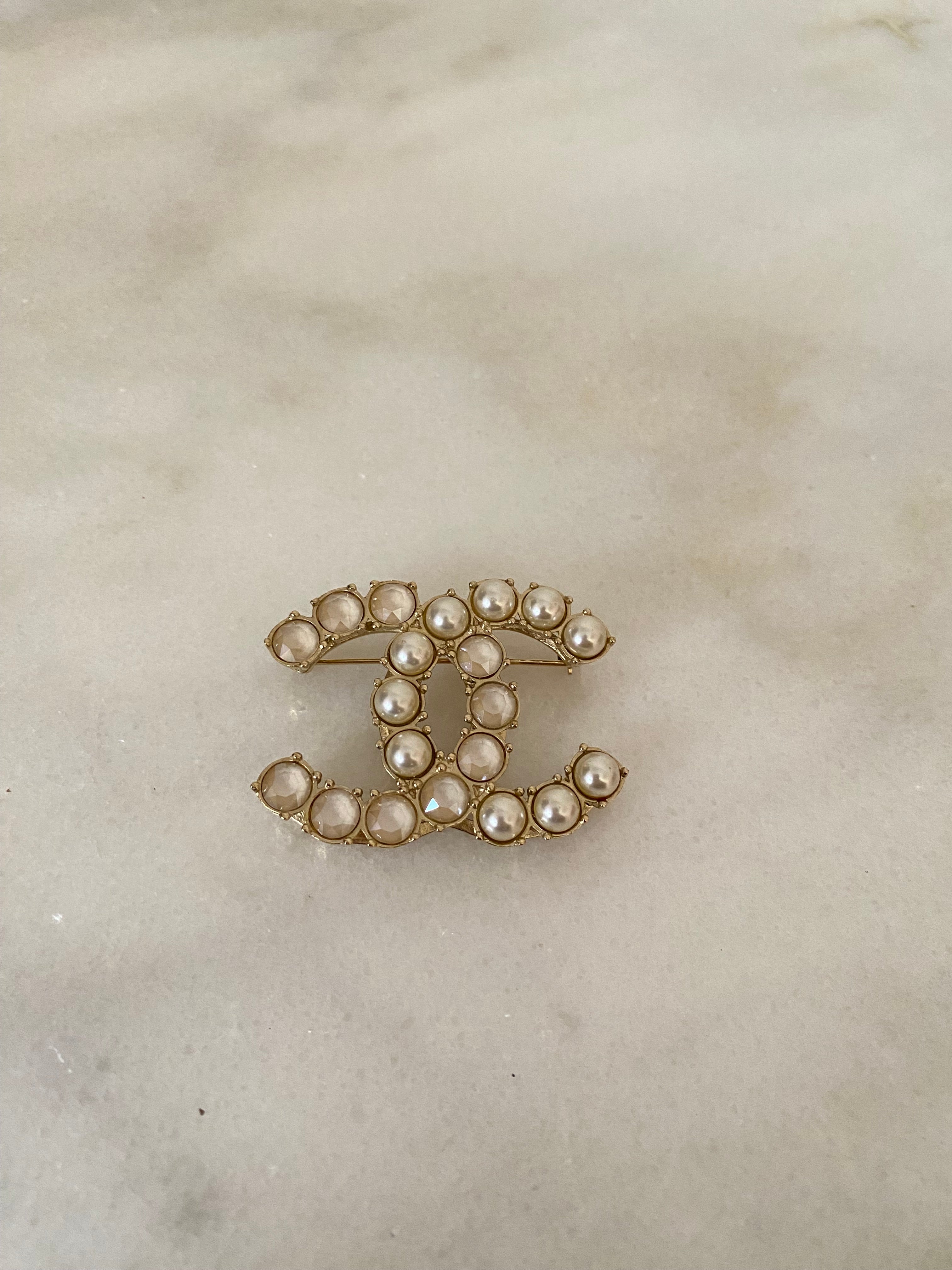 Chanel Gold CC Crystal Pearl Brooch