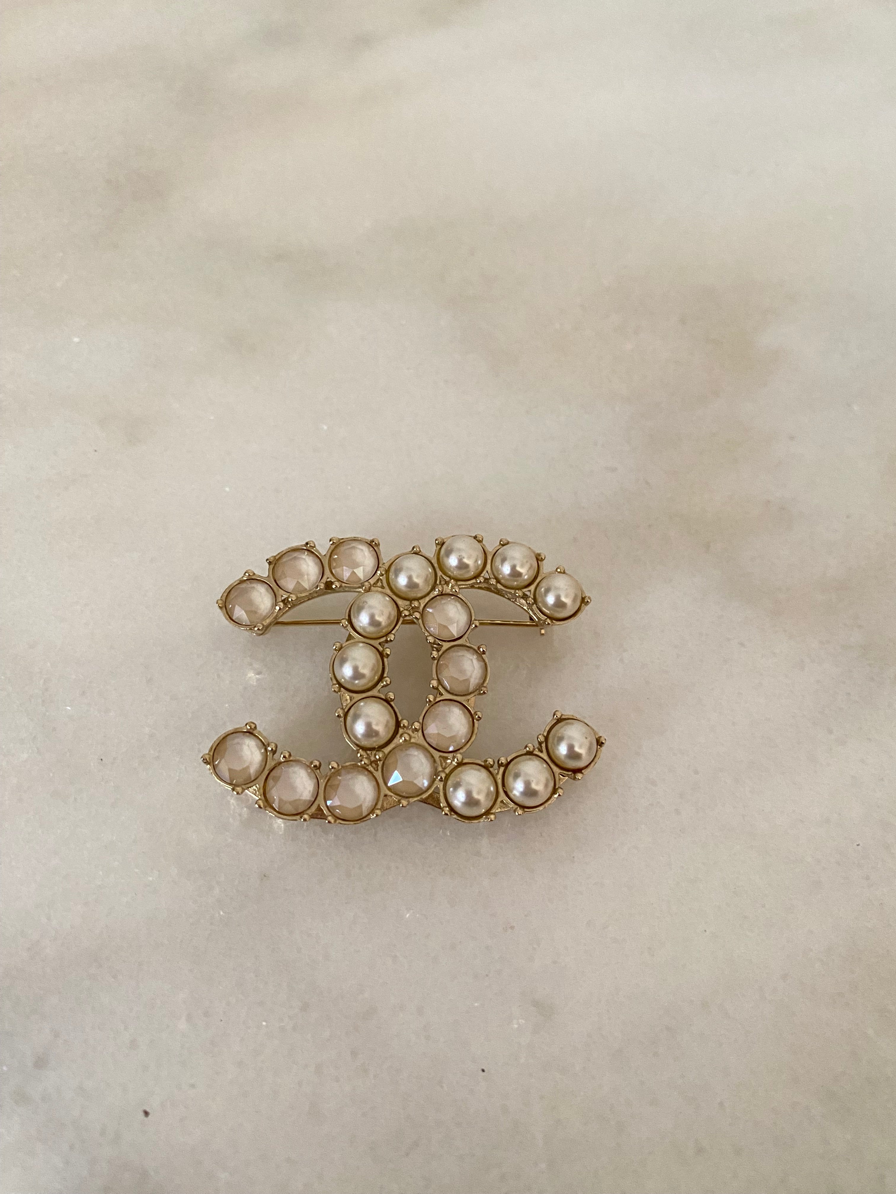 Chanel Gold CC Crystal Pearl Brooch