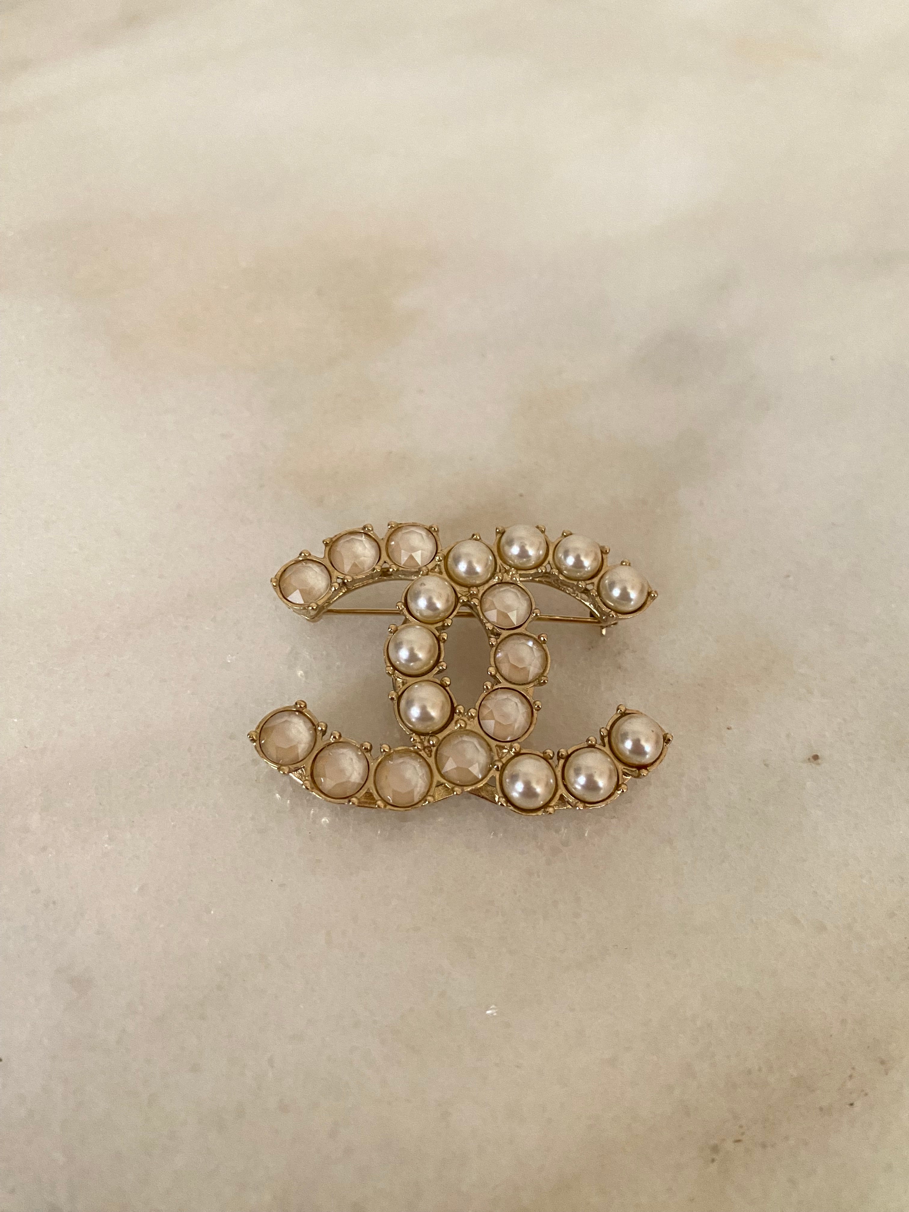 Chanel Gold CC Crystal Pearl Brooch