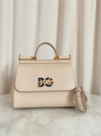 Dolce & Gabbana Light Nude Iguana Print Crystal Sicily Medium Bag