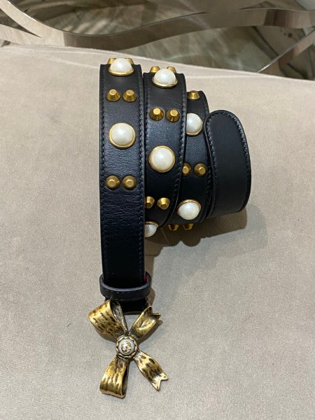 Gucci Black GG Pearl Bow Buckle Studded Belt 34