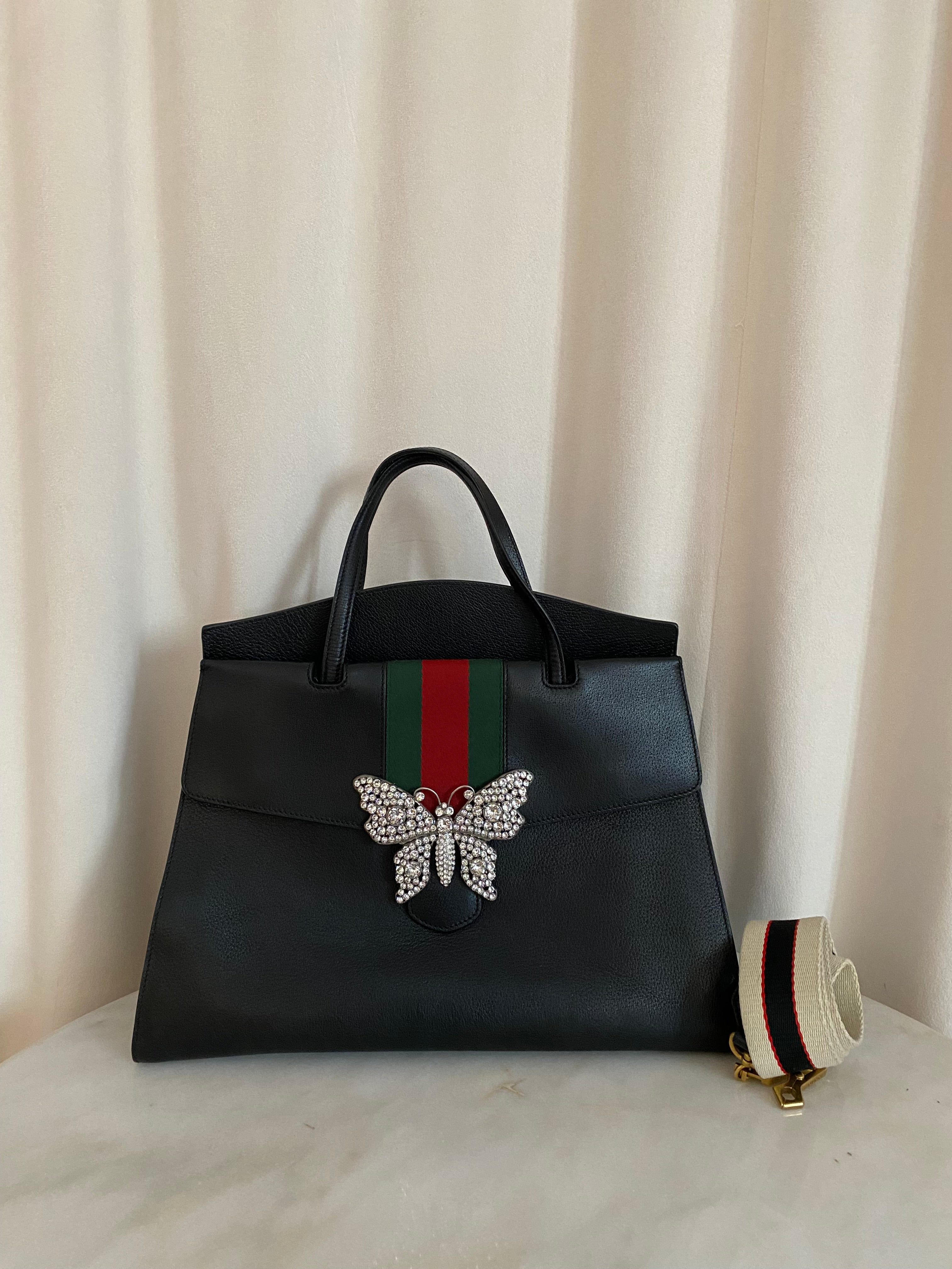 Gucci Black Linea Tote Crystal Butterfly Ophidia Large Bag