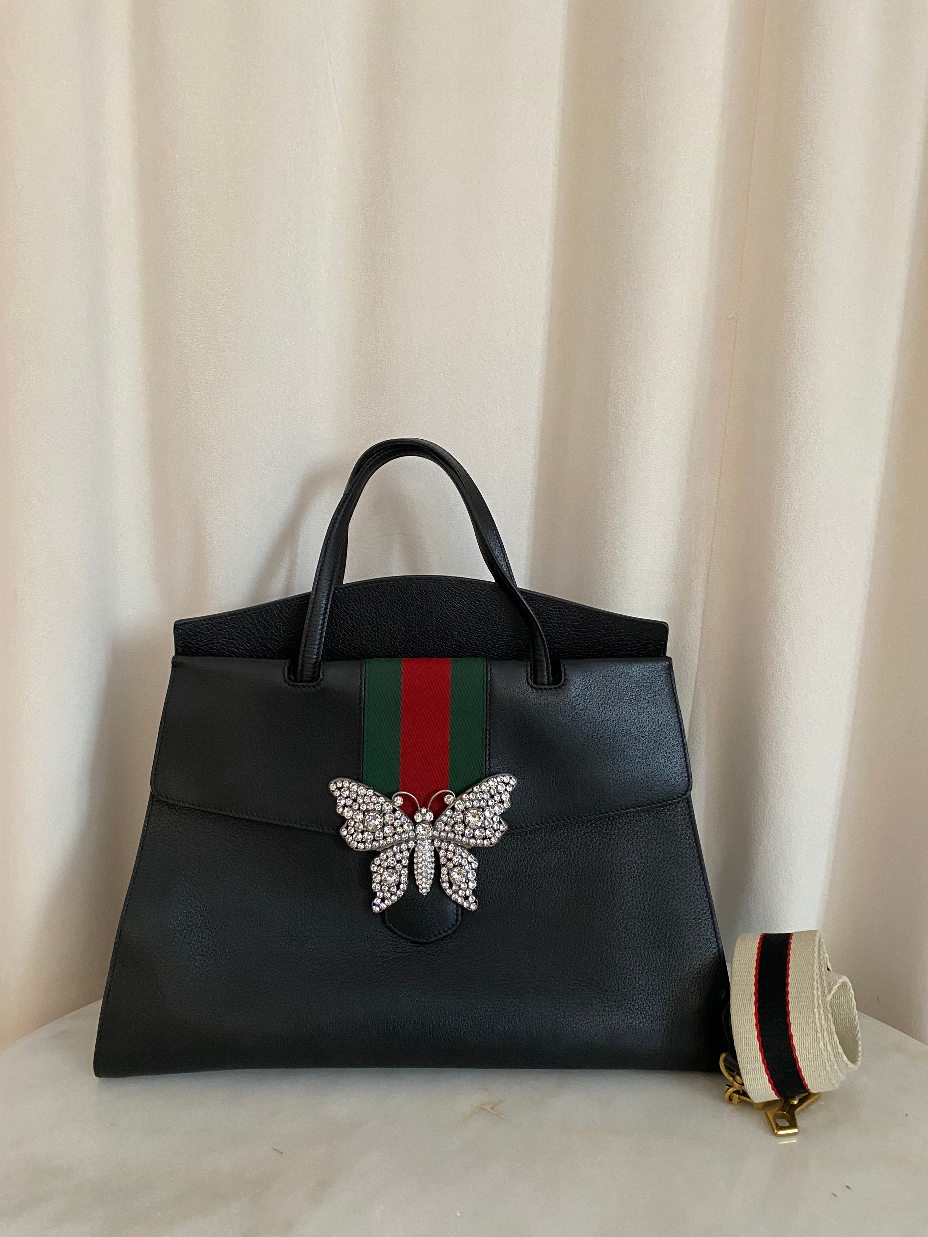 Gucci Black Linea Tote Crystal Butterfly Ophidia Large Bag