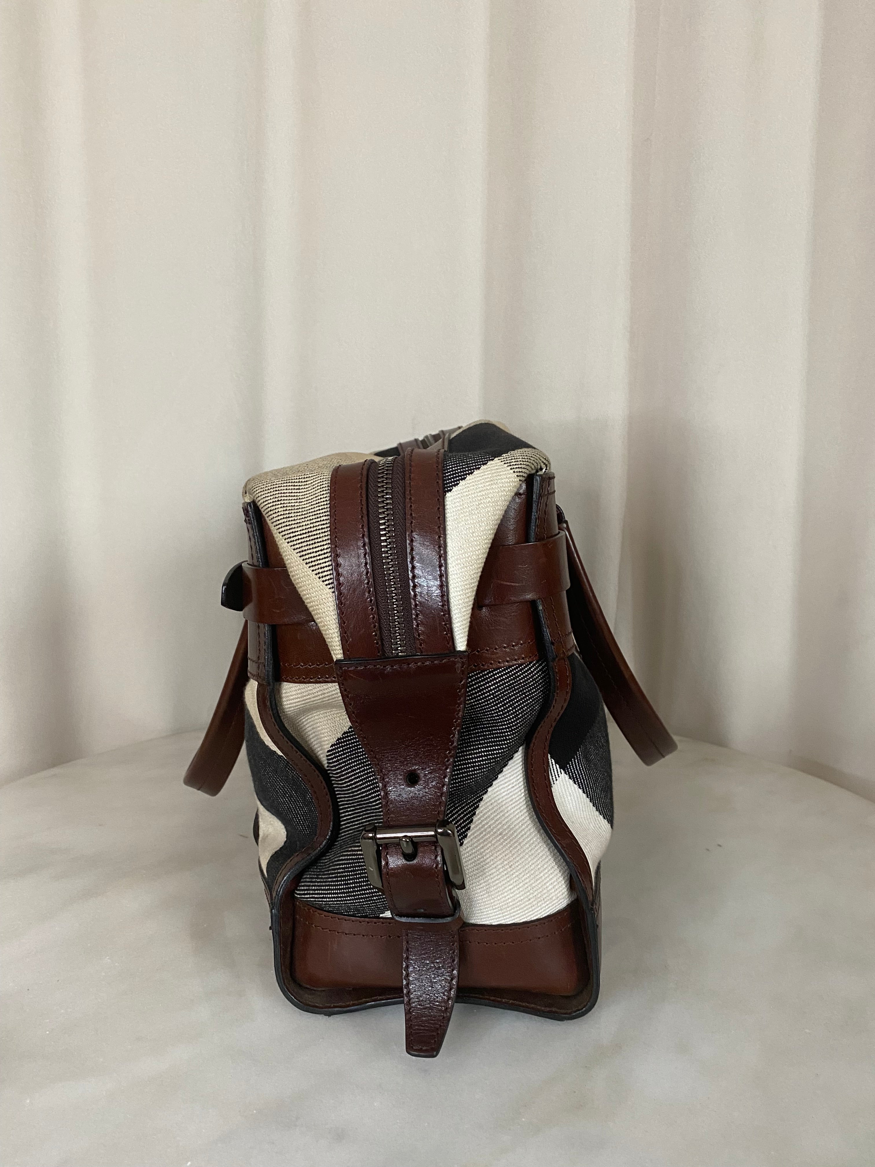 Burberry Brown Bridle Nova Check Zip Top Handle Bag