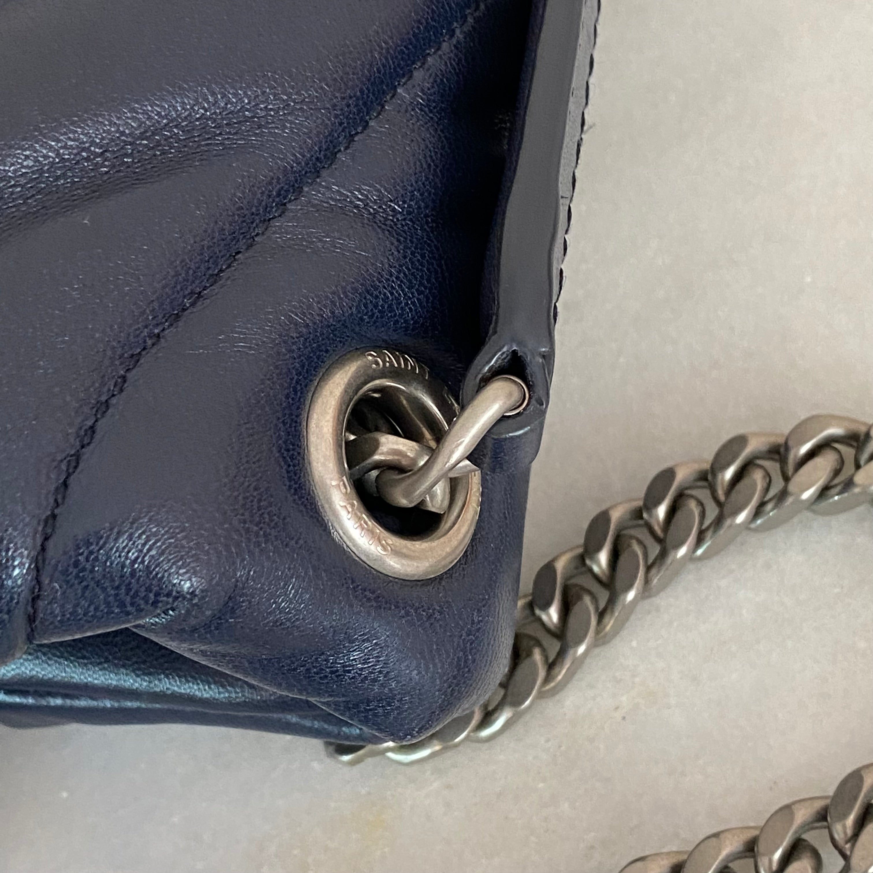 YSL Navy Blue Puffer Double Chain Bag