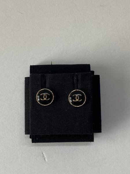 Chanel Black Stud CC Small Flat Top Round Earring