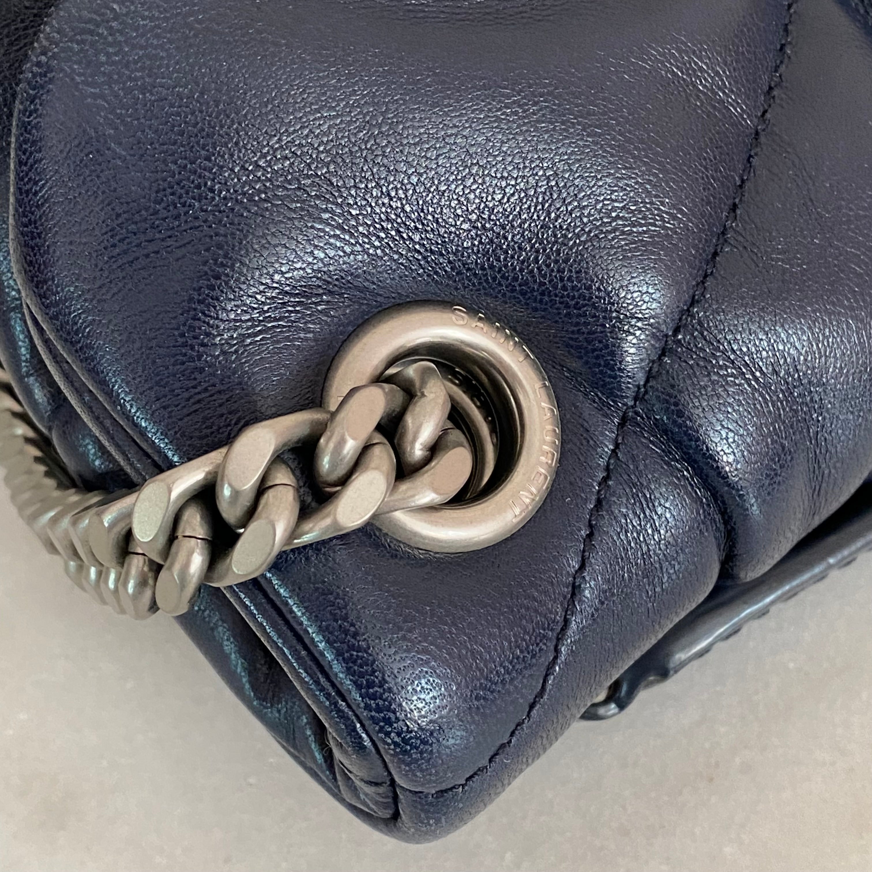 YSL Navy Blue Puffer Double Chain Bag