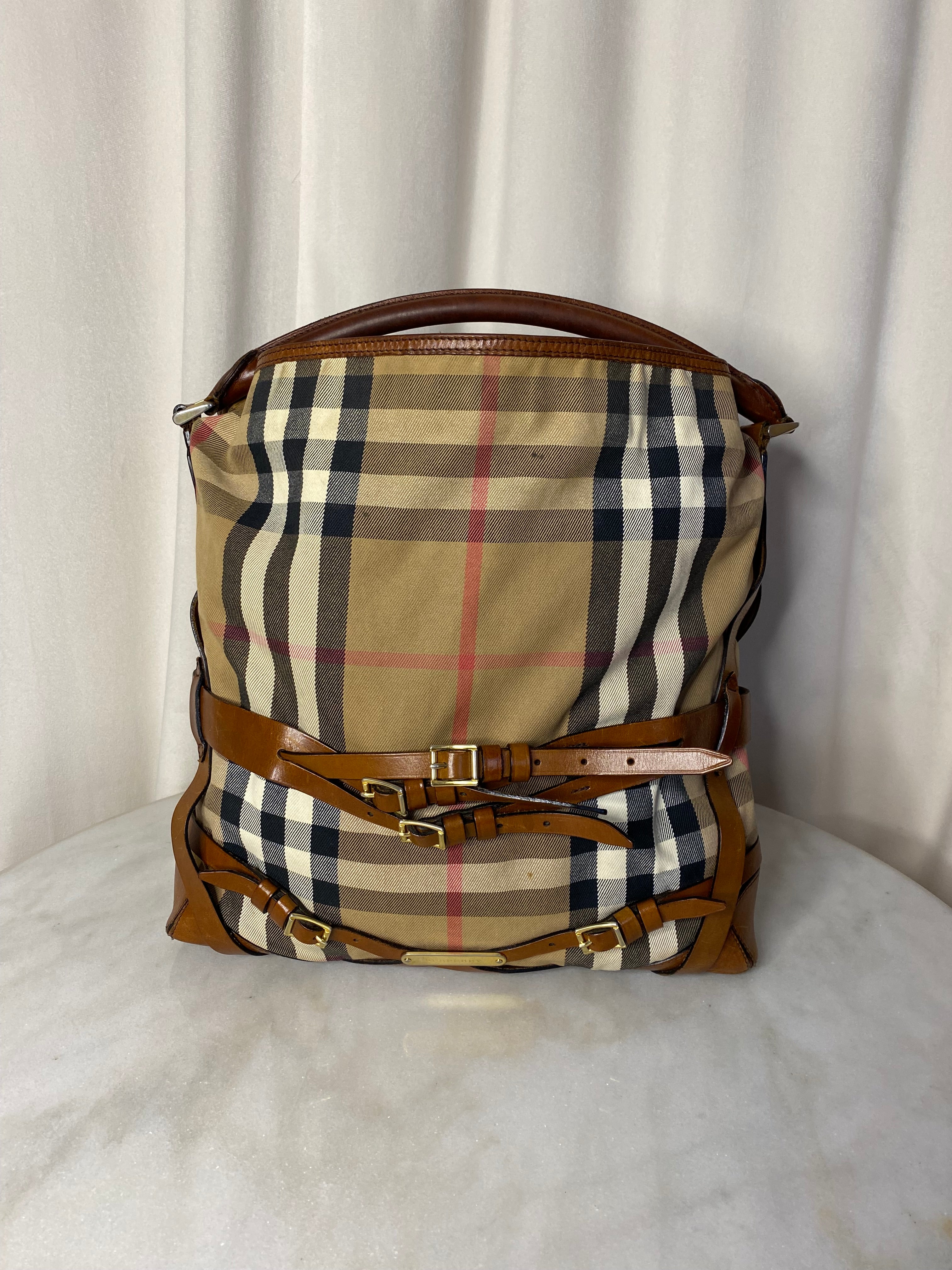 Burberry Camel Bridle House Check Top Handle Bag