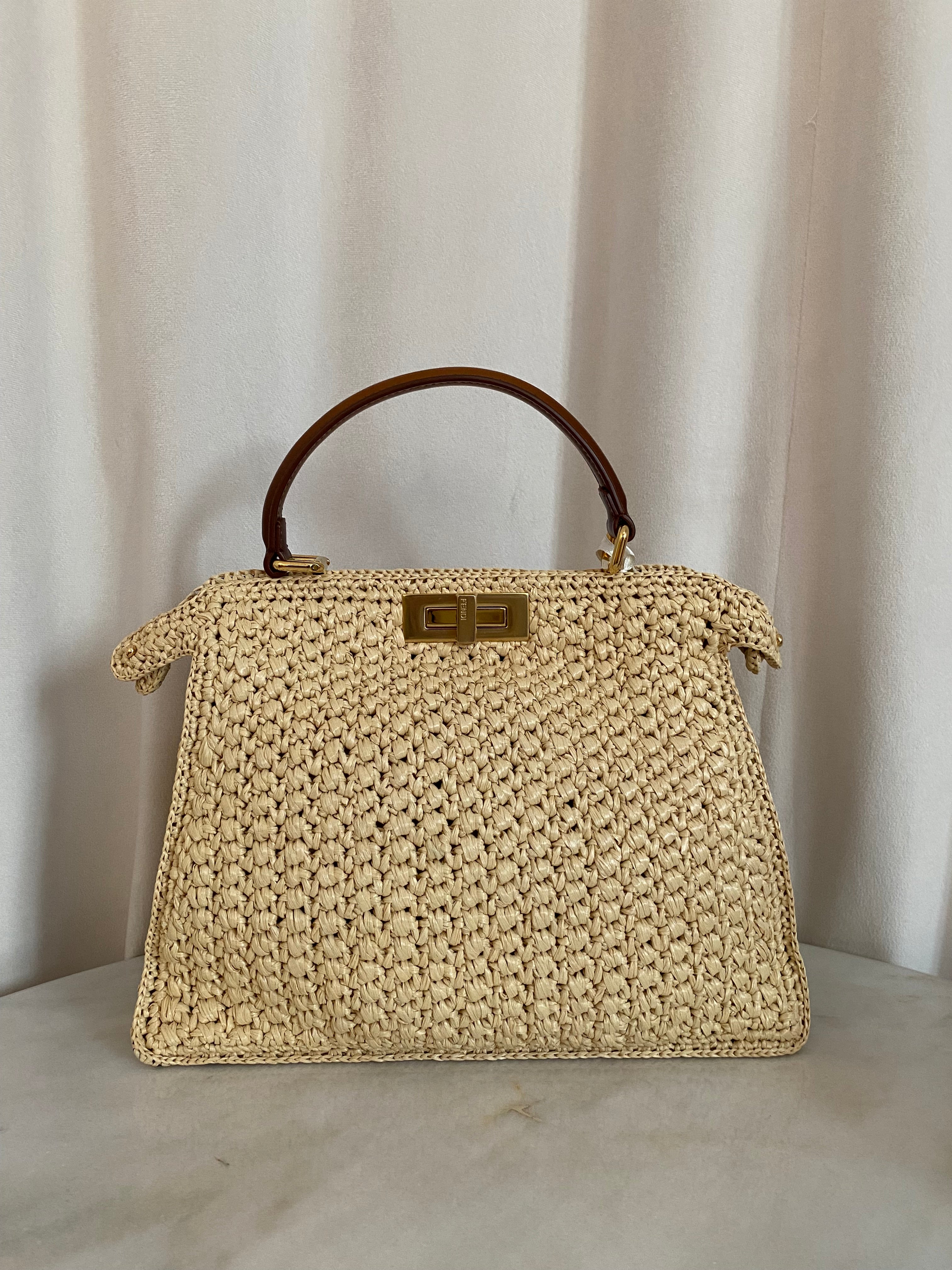 Fendi Beige Raffia Peekaboo I See U Top Handle Bag W/ Strap