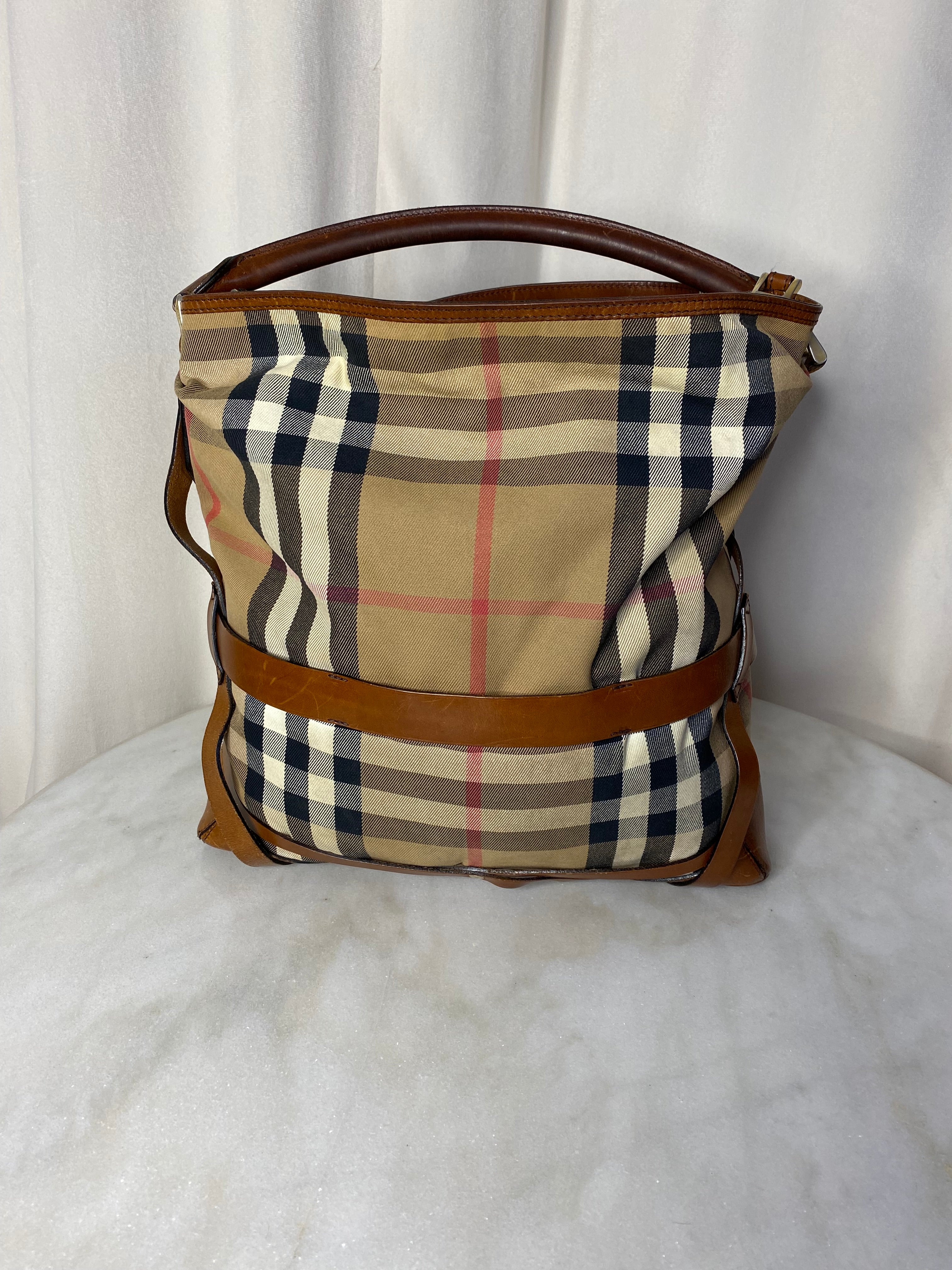 Burberry Camel Bridle House Check Top Handle Bag