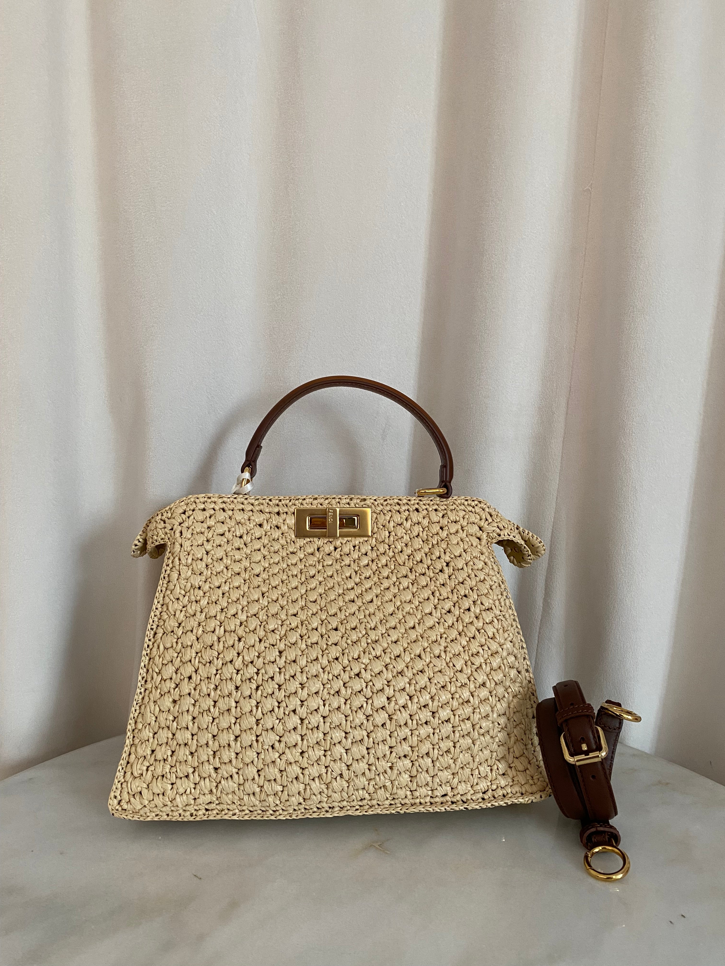 Fendi Beige Raffia Peekaboo I See U Top Handle Bag W/ Strap