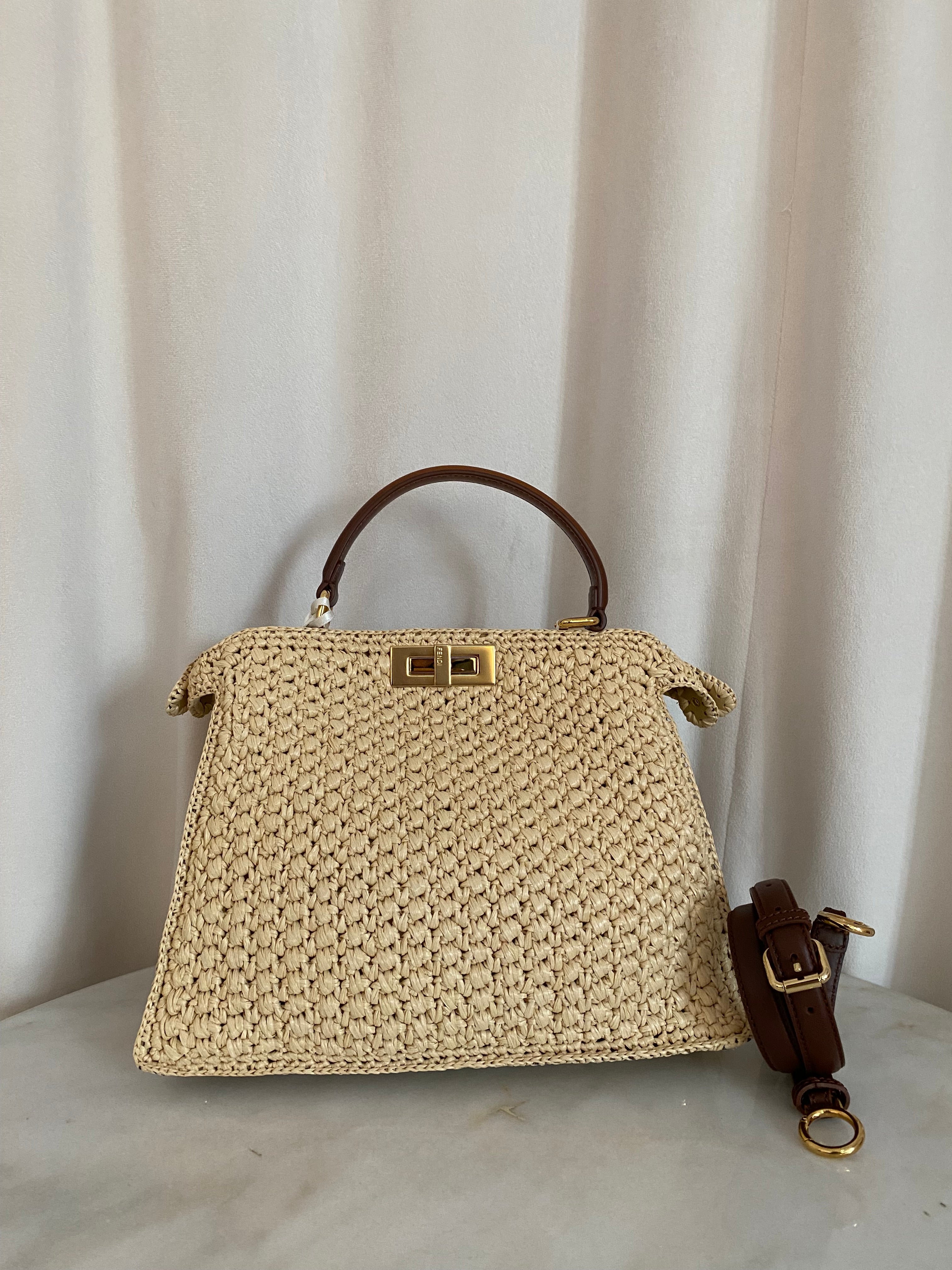 Fendi Beige Raffia Peekaboo I See U Top Handle Bag W/ Strap