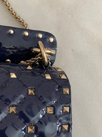 Valentino Navy Blue Medium Rockstud Spike Top Handle Bag W/ Chain