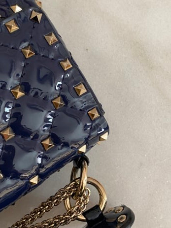 Valentino Navy Blue Medium Rockstud Spike Top Handle Bag W/ Chain