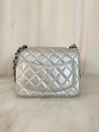 Chanel Silver Mini Square Classic Flap Bag