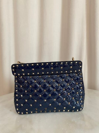 Valentino Navy Blue Medium Rockstud Spike Top Handle Bag W/ Chain