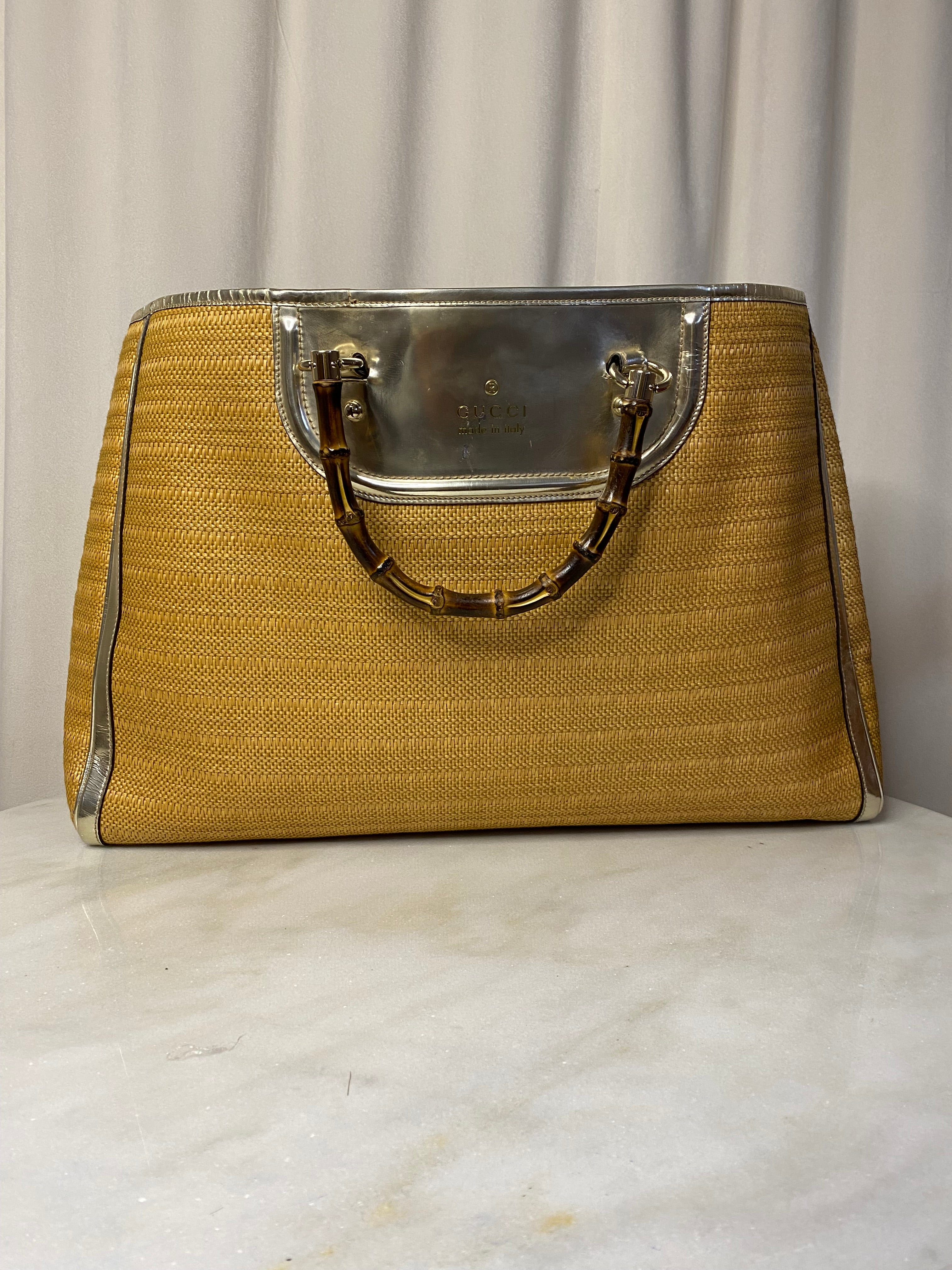 Gucci Natural Raffia XL Bamboo Top Handle Bag