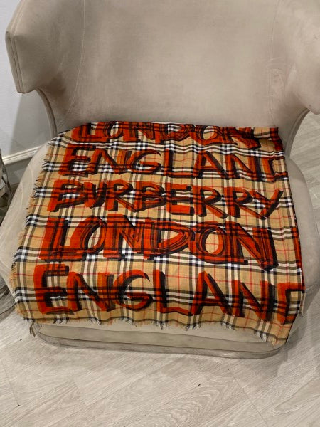 Burberry Red Nova Check Graffiti Wool Silk L.E Scarf