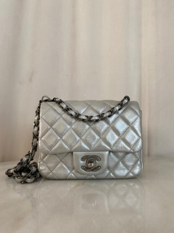 Chanel Silver Mini Square Classic Flap Bag