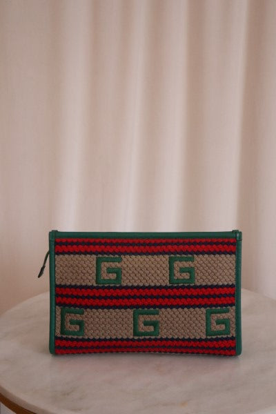 Gucci Green Multicolor Fabric Embroidered Marbella Striped Pouch