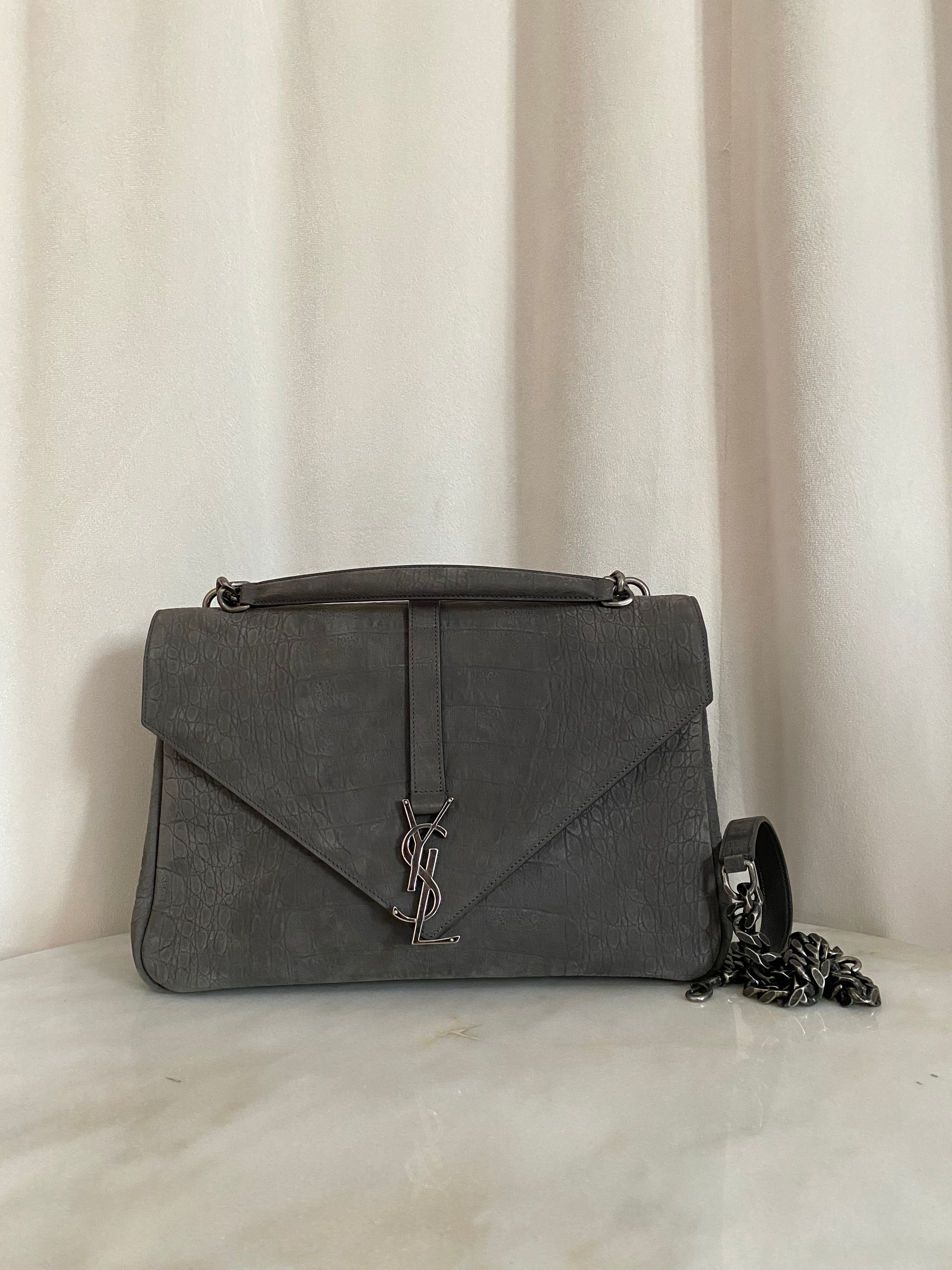 YSL Grey Croco Embossed Nubuck Collage Bag