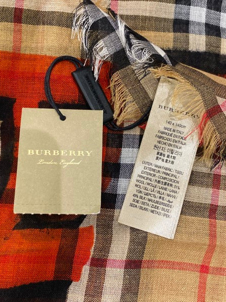 Burberry Red Nova Check Graffiti Wool Silk L.E Scarf