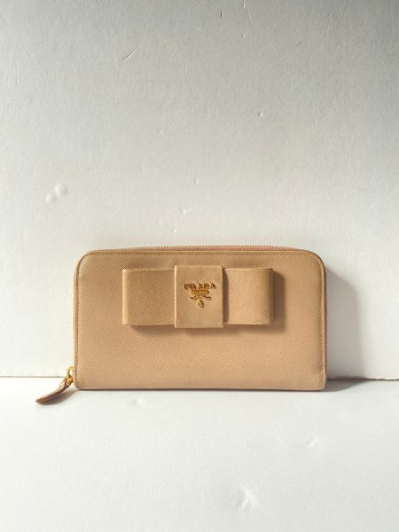 Prada Beige Bow Zip Around Long Wallet