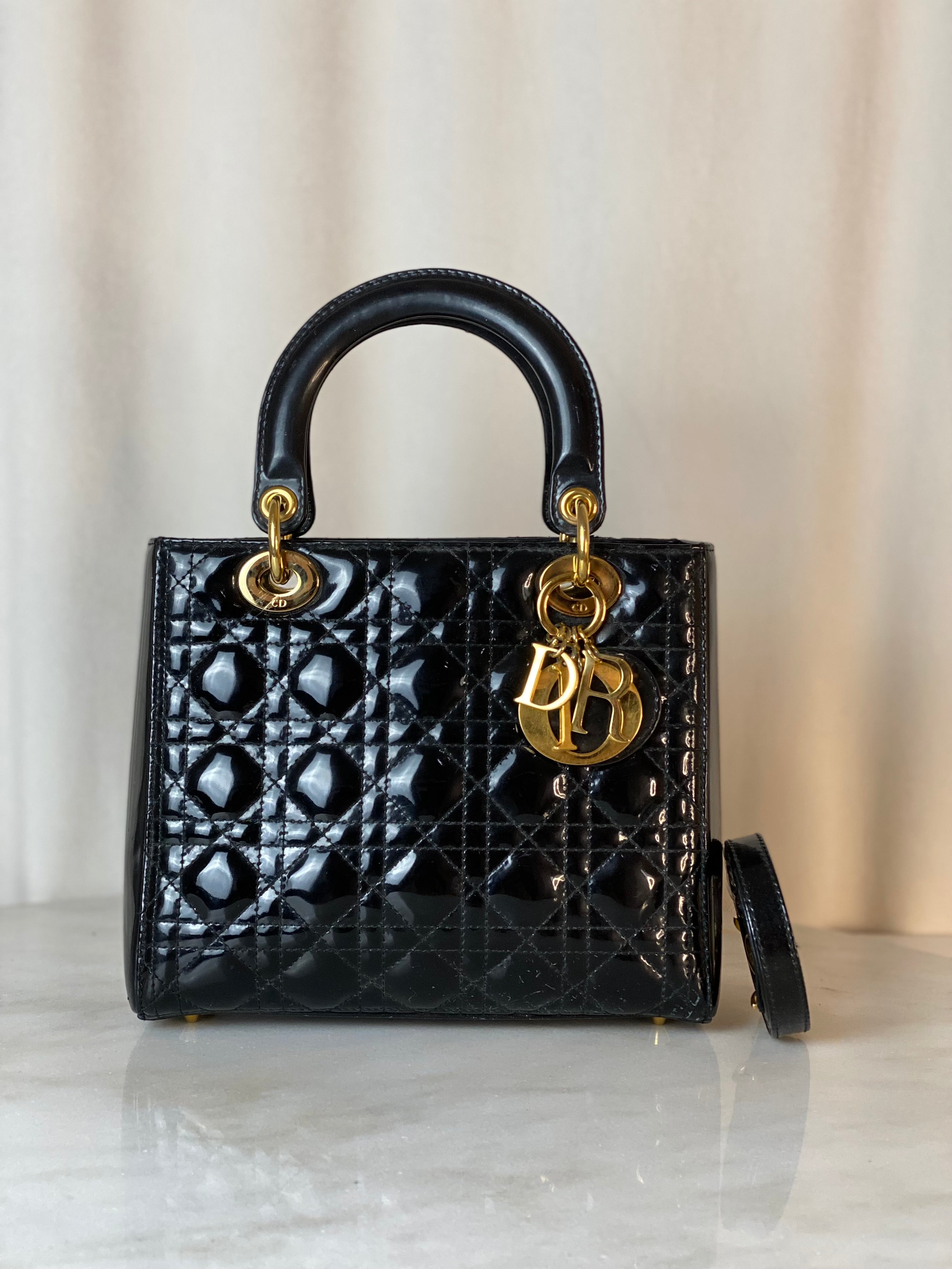 Christian Dior Black Vernies Lady Dior Medium Tote Bag W/ Strap
