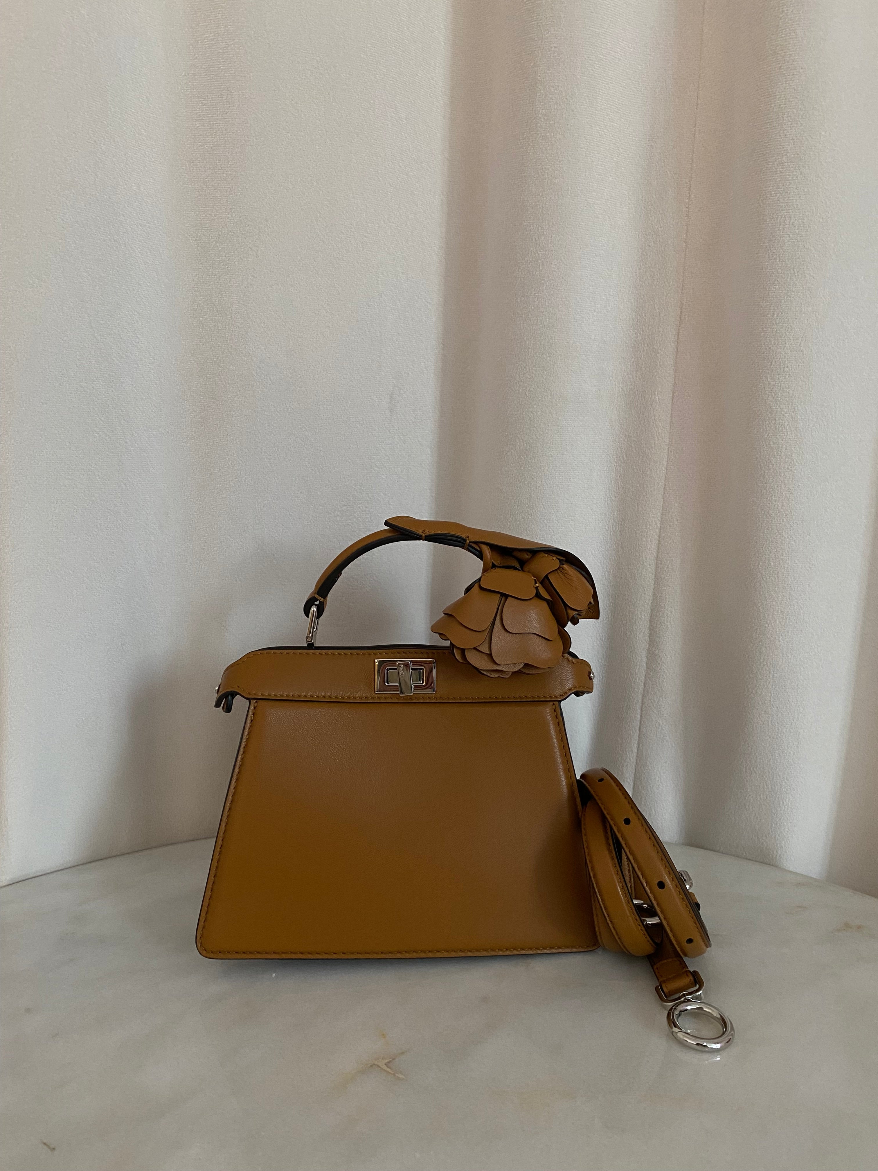 Fendi Brown Flower Petite Peekaboo Top Handle Bag W/ Strap