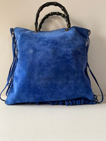 Gucci Blue Suede Bamboo Fringe Tote Bag