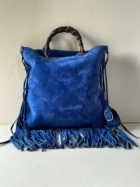 Gucci Blue Suede Bamboo Fringe Tote Bag