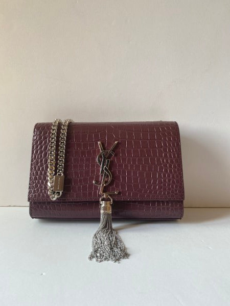 YSL Burgundy Croco Embossed Kate Tassel Small Bag