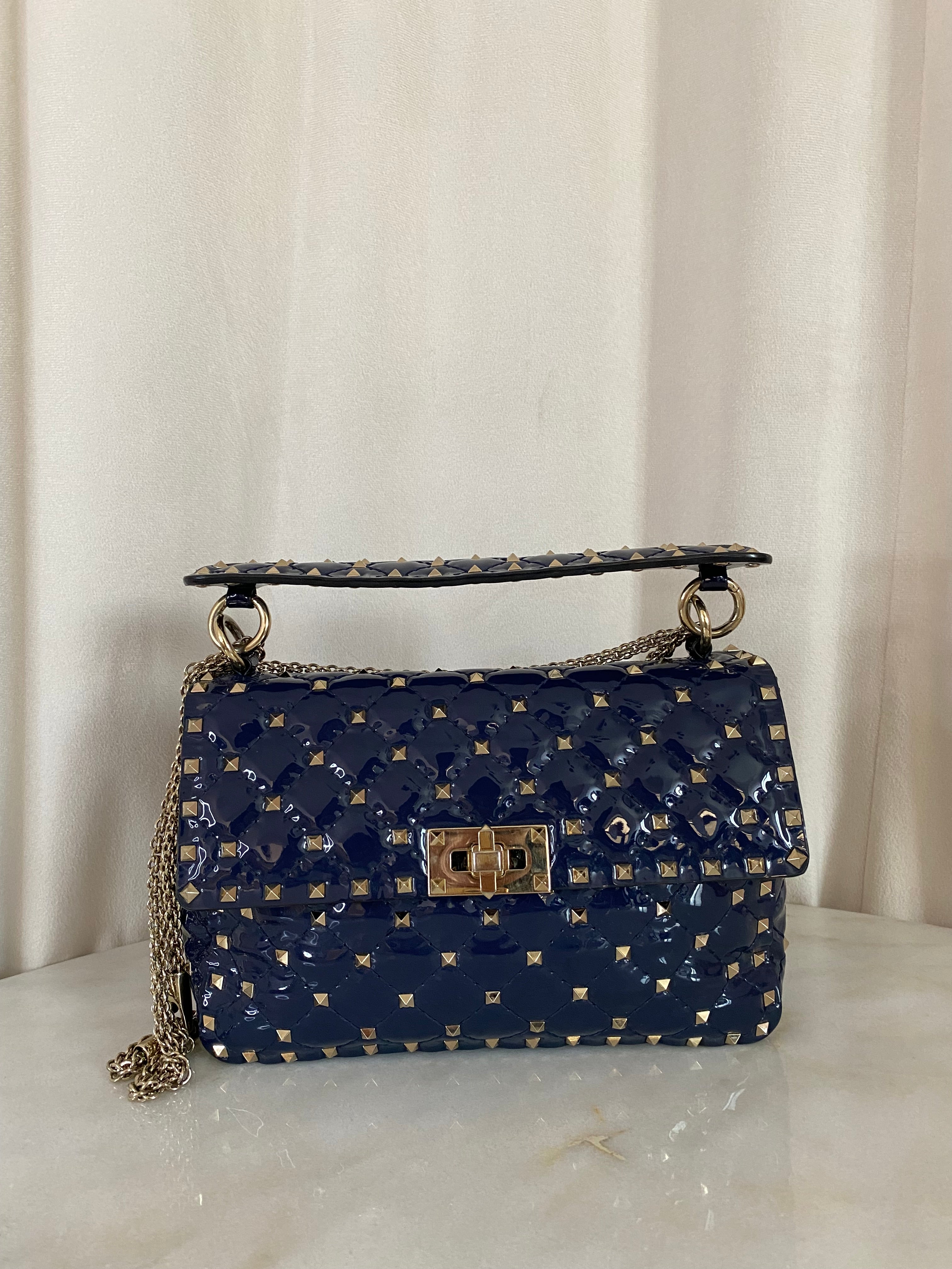 Valentino Navy Blue Medium Rockstud Spike Top Handle Bag