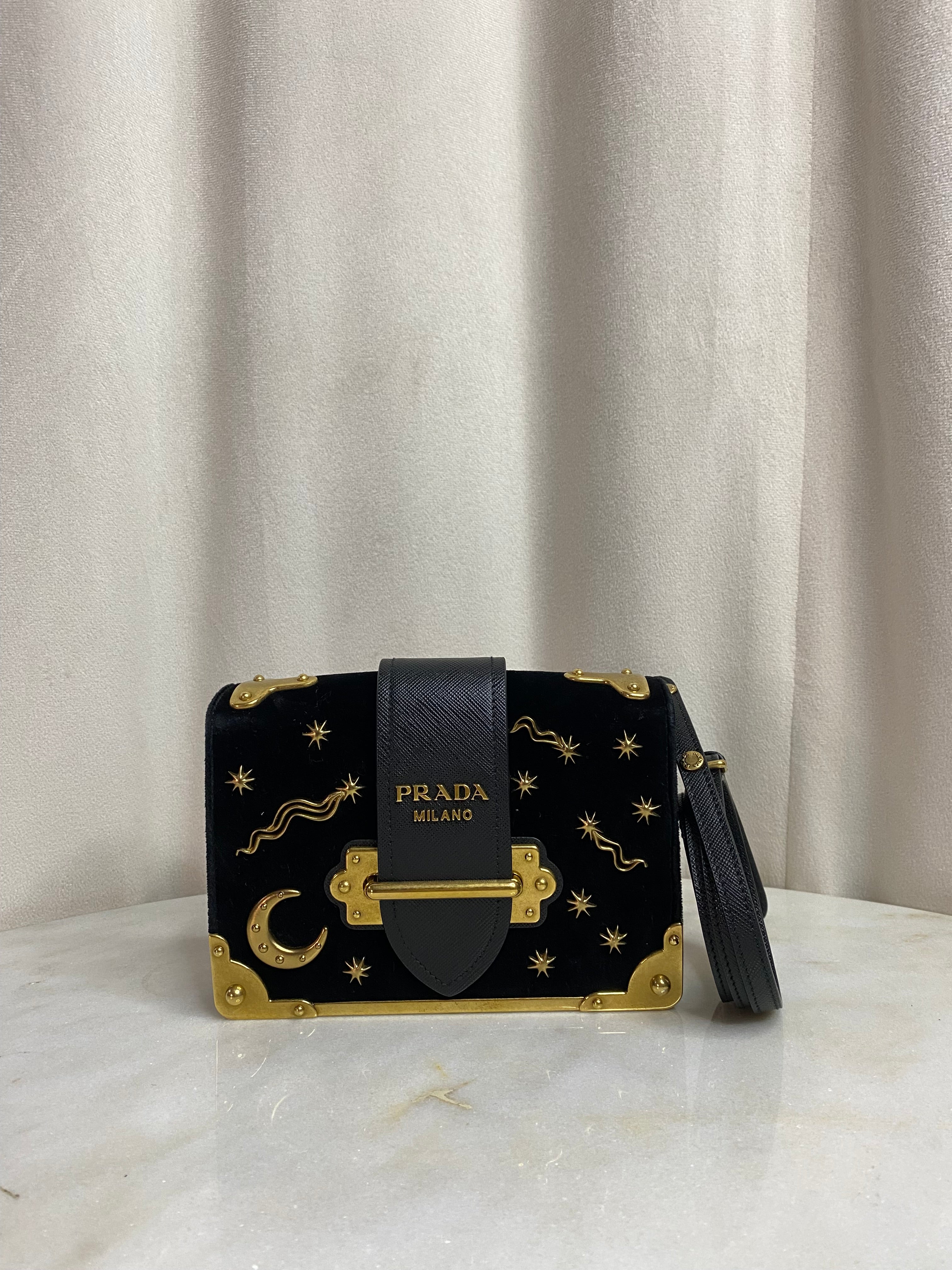 Prada Dark Blue Velvet Astrology Celestial Cahier Bag