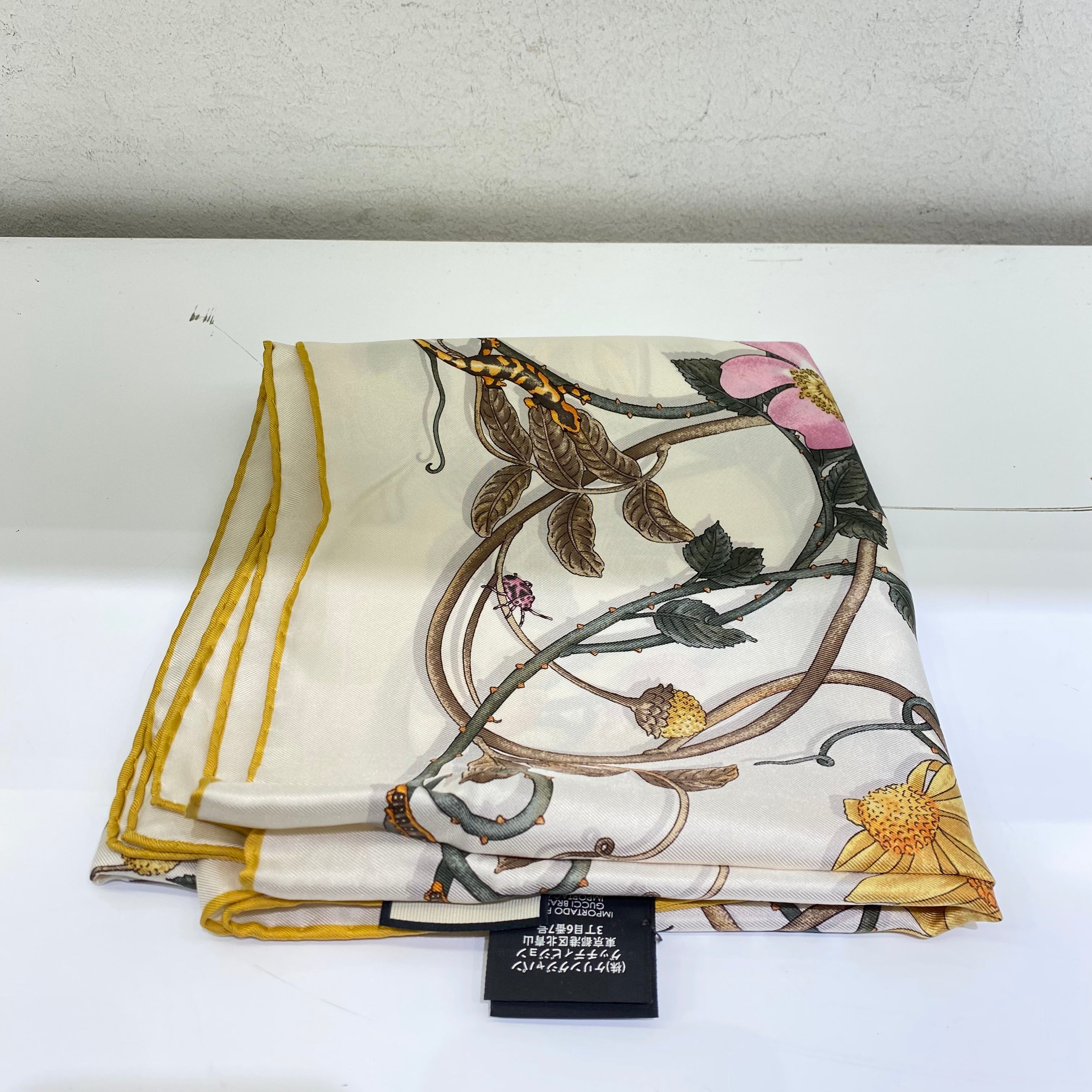 Gucci Off White Flower Print Silk Square Scarf