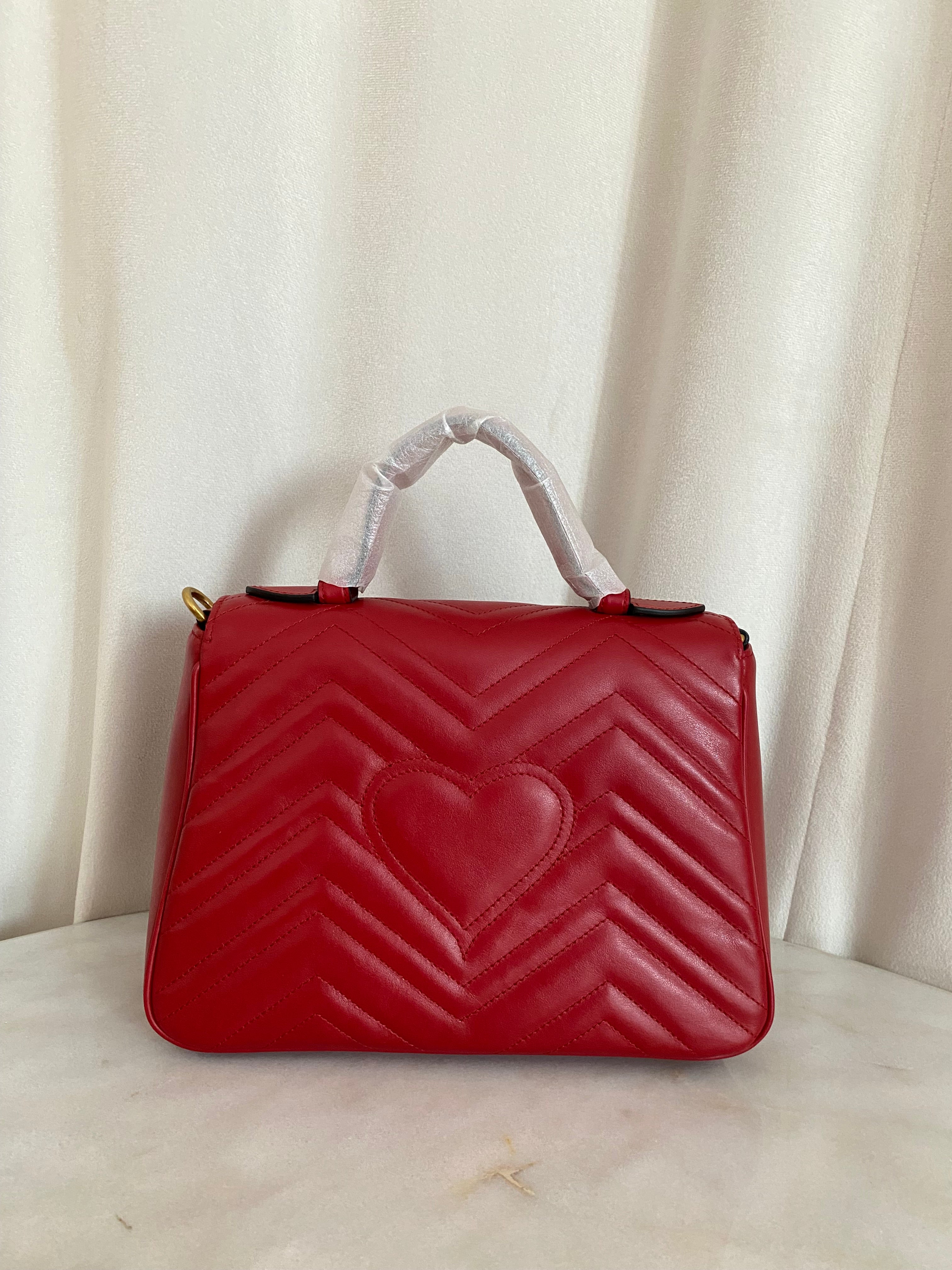 Gucci Red GG Marmont Top Handle Bag W/ Strap