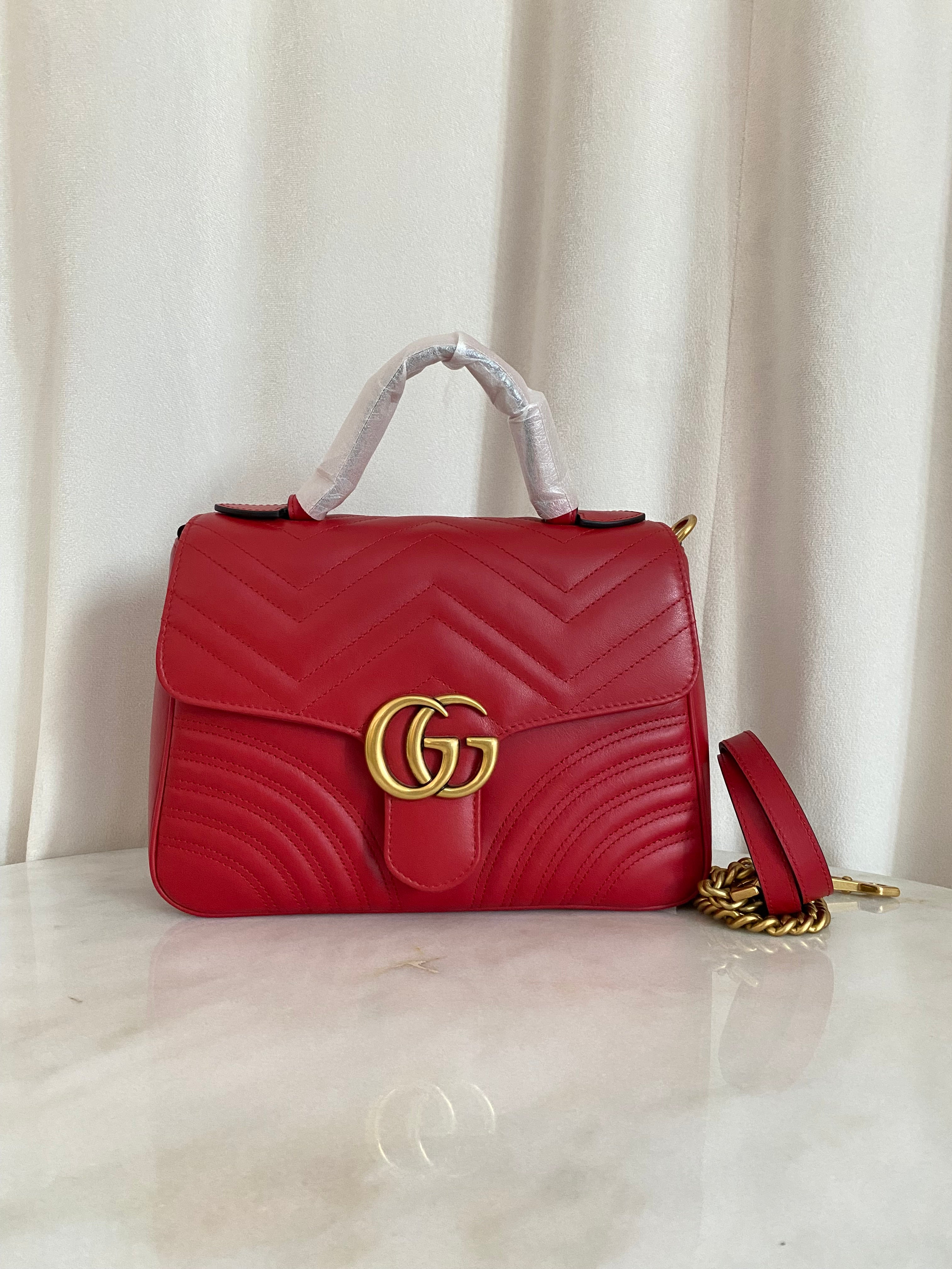 Gucci Red GG Marmont Top Handle Bag W/ Strap