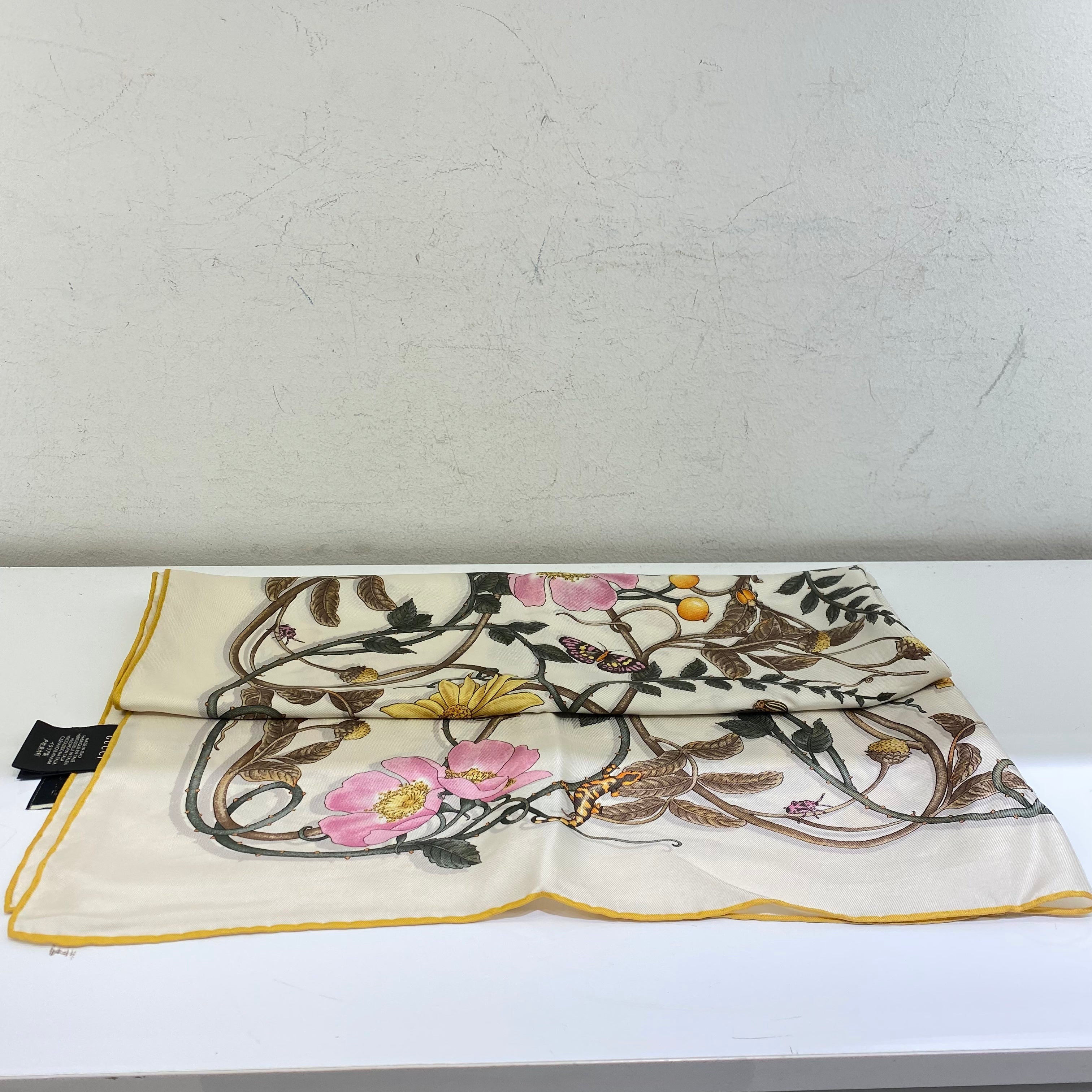 Gucci Off White Flower Print Silk Square Scarf