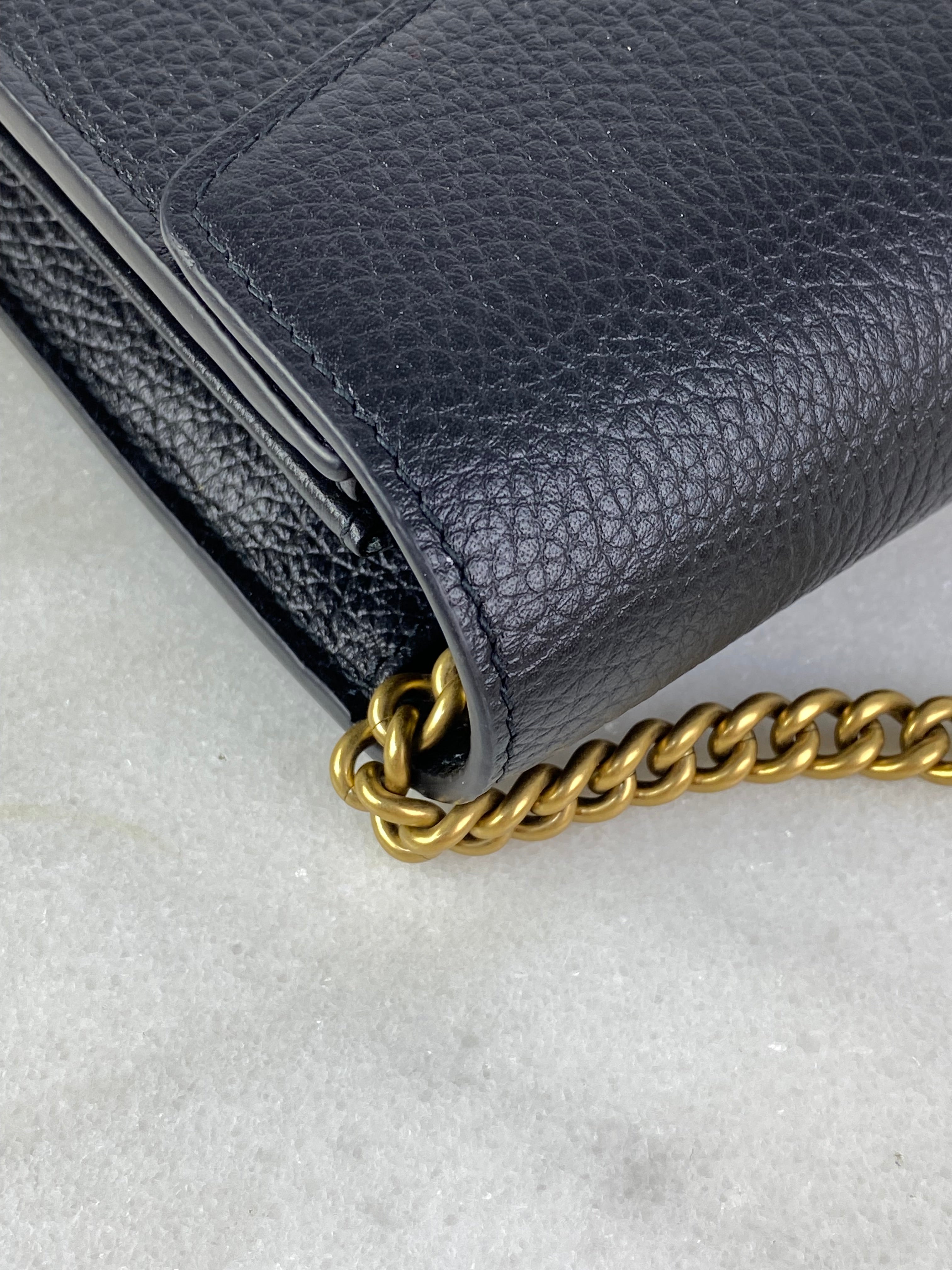 Gucci Black Pebbled GG Marmont Wallet on Chain