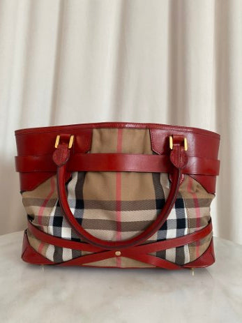 Burberry Red Bridle House Check Top Handle Bag