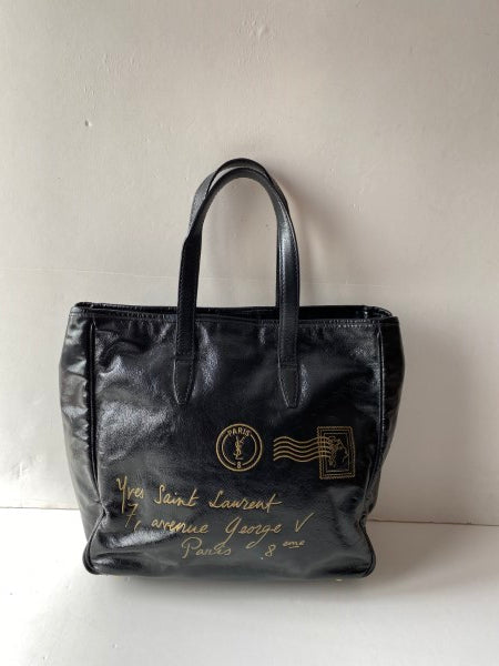 YSL Black Textured Y-Mail Tote Bag